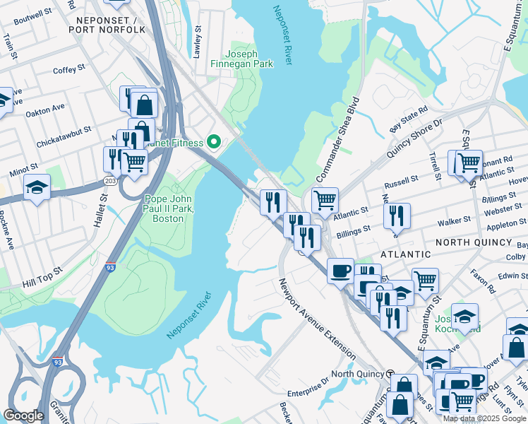 map of restaurants, bars, coffee shops, grocery stores, and more near 45 Hancock Street in Quincy