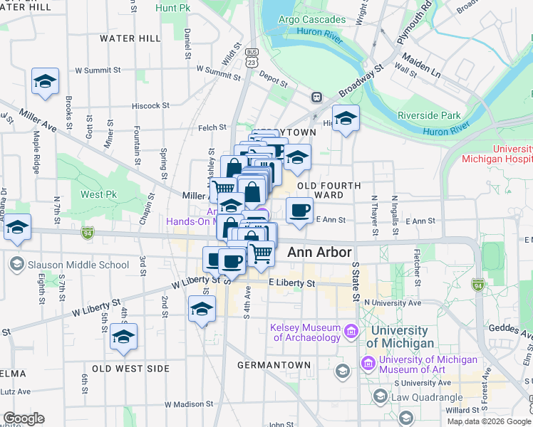 map of restaurants, bars, coffee shops, grocery stores, and more near 208 North 4th Avenue in Ann Arbor