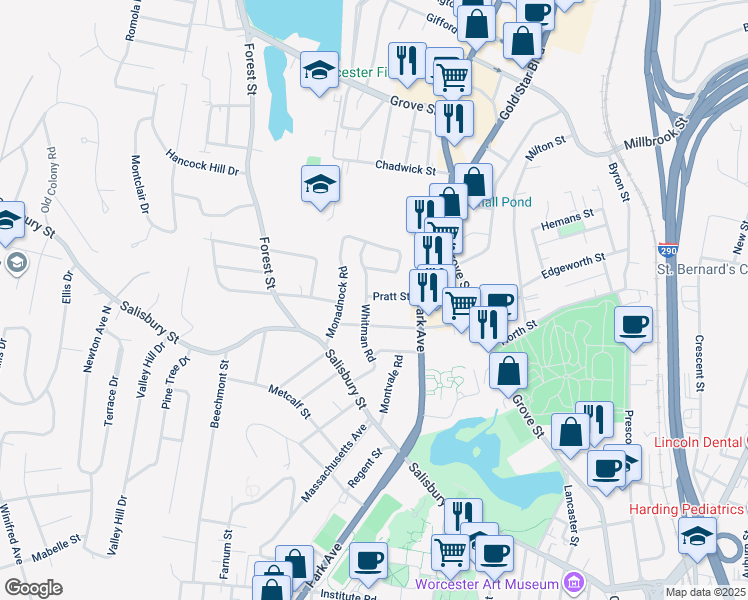 map of restaurants, bars, coffee shops, grocery stores, and more near 42 Whitman Road in Worcester