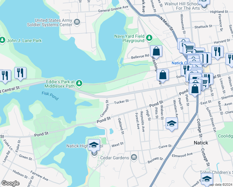 map of restaurants, bars, coffee shops, grocery stores, and more near 87 West Central Street in Natick