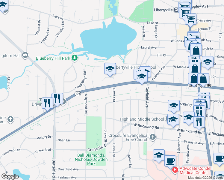 map of restaurants, bars, coffee shops, grocery stores, and more near 705 West Park Avenue in Libertyville
