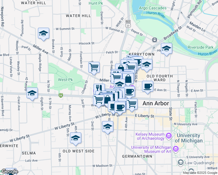 map of restaurants, bars, coffee shops, grocery stores, and more near 201 North Ashley Street in Ann Arbor