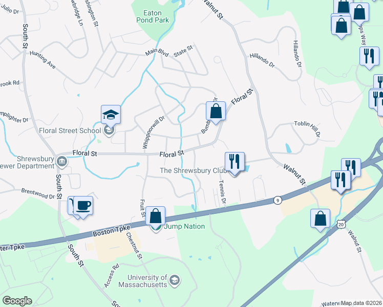 map of restaurants, bars, coffee shops, grocery stores, and more near 26 Arbor Drive in Shrewsbury