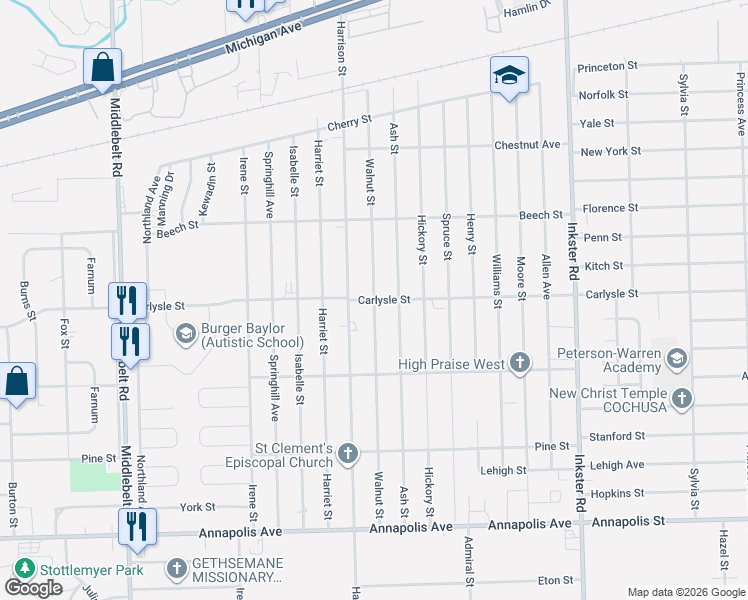 map of restaurants, bars, coffee shops, grocery stores, and more near 3744 Ash Street in Inkster