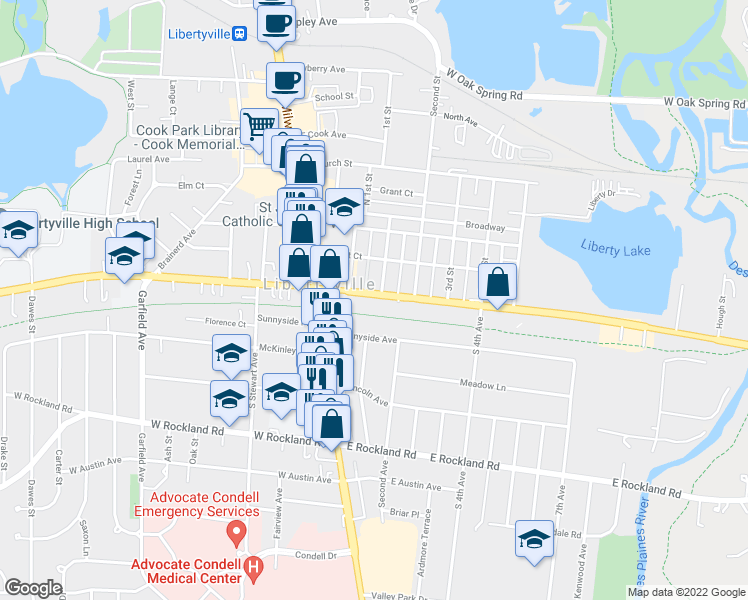 map of restaurants, bars, coffee shops, grocery stores, and more near 225 East Park Avenue in Libertyville