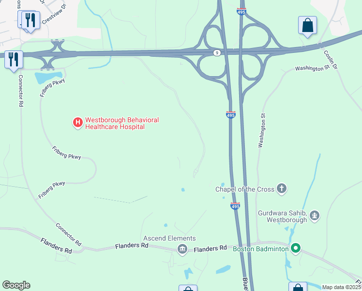 map of restaurants, bars, coffee shops, grocery stores, and more near 1700 West Park Drive in Westborough