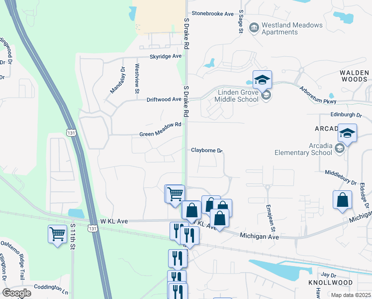 map of restaurants, bars, coffee shops, grocery stores, and more near S Drake Rd & Clayborne Dr in Kalamazoo
