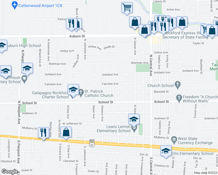 map of restaurants, bars, coffee shops, grocery stores, and more near 614 Miriam Avenue in Rockford