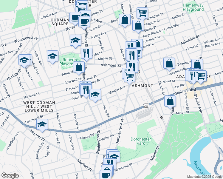 map of restaurants, bars, coffee shops, grocery stores, and more near in DORCHESTR CTR