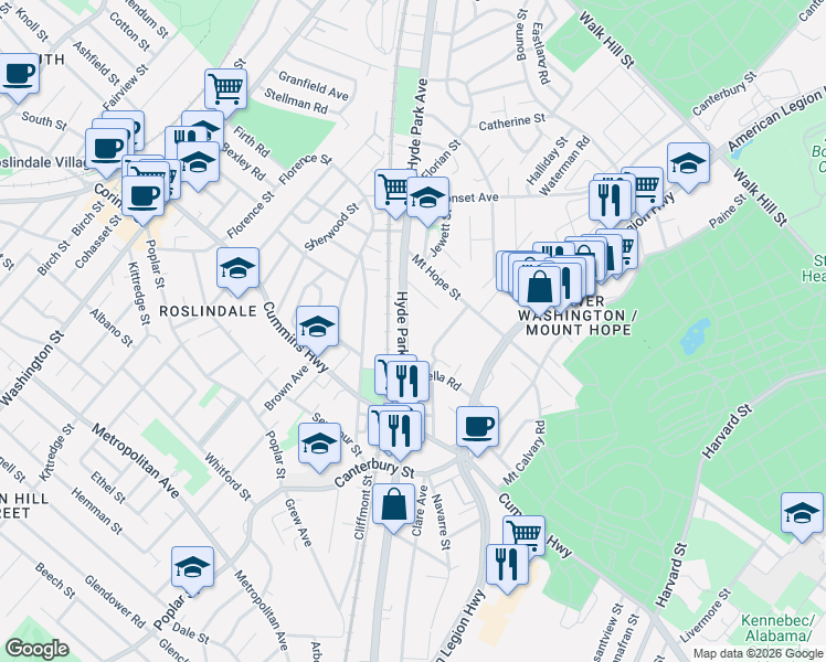 map of restaurants, bars, coffee shops, grocery stores, and more near 56A Harding Road in Boston