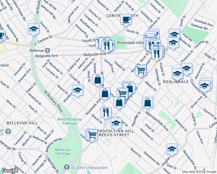 map of restaurants, bars, coffee shops, grocery stores, and more near 49 Averton Street in Boston