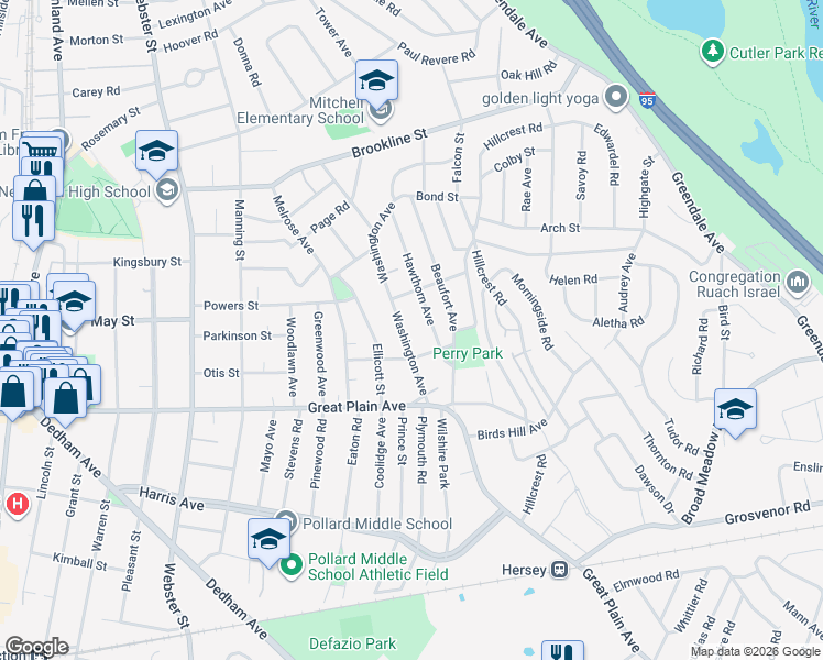 map of restaurants, bars, coffee shops, grocery stores, and more near 41 Sargent Street in Needham