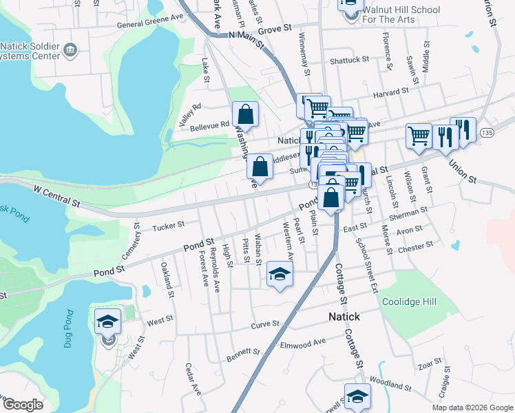map of restaurants, bars, coffee shops, grocery stores, and more near 59 Pond Street in Natick