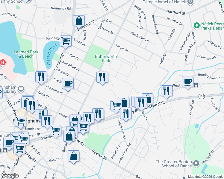 map of restaurants, bars, coffee shops, grocery stores, and more near 22 Clarks Hill Lane in Framingham