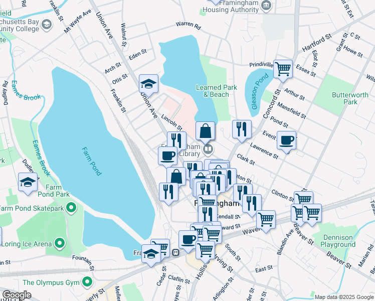 map of restaurants, bars, coffee shops, grocery stores, and more near 50 Lexington Street in Framingham