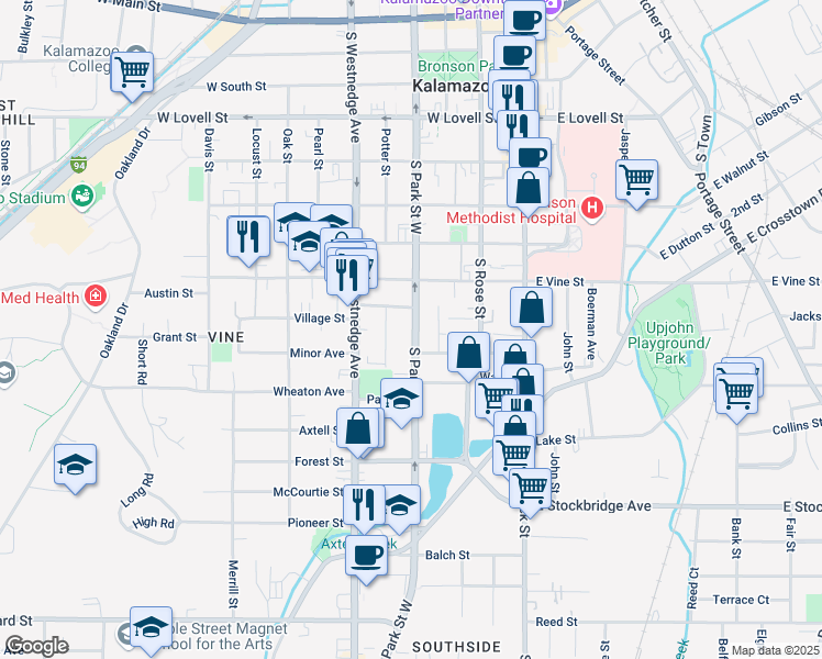 map of restaurants, bars, coffee shops, grocery stores, and more near 931 South Park Street in Kalamazoo