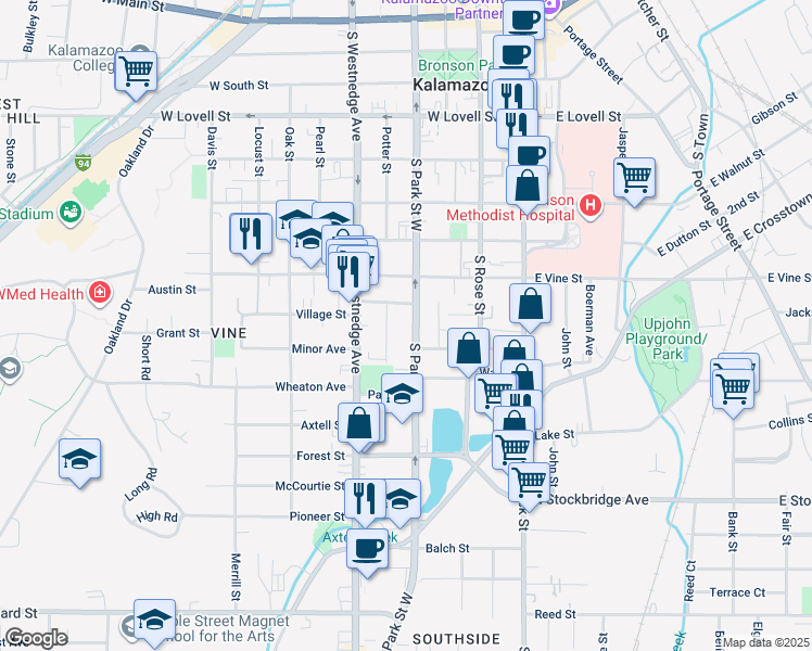 map of restaurants, bars, coffee shops, grocery stores, and more near 931 South Park Street in Kalamazoo