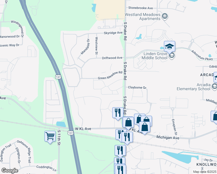 map of restaurants, bars, coffee shops, grocery stores, and more near 766 South Drake Road in Kalamazoo