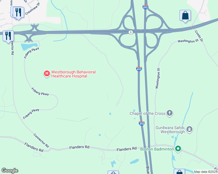 map of restaurants, bars, coffee shops, grocery stores, and more near 1700 West Park Drive in Westborough