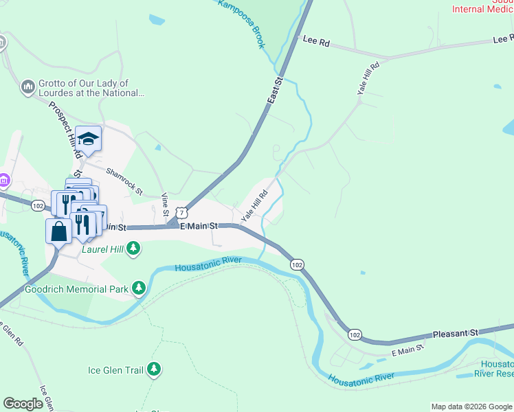 map of restaurants, bars, coffee shops, grocery stores, and more near Sawmill Road in Great Barrington