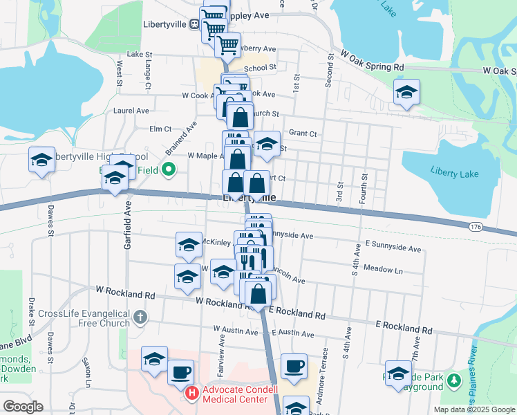 map of restaurants, bars, coffee shops, grocery stores, and more near 110 East Sunnyside Avenue in Libertyville