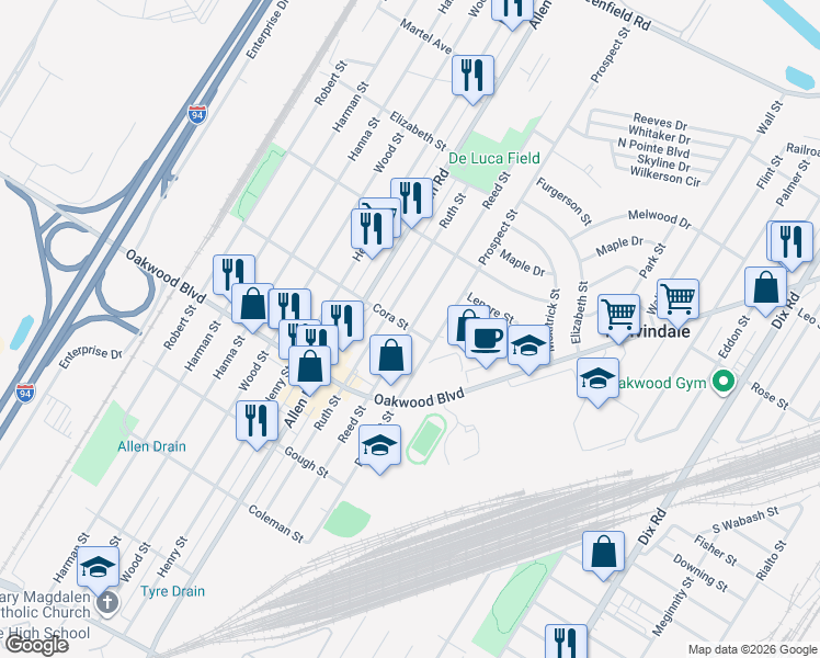 map of restaurants, bars, coffee shops, grocery stores, and more near Reed Street in Melvindale