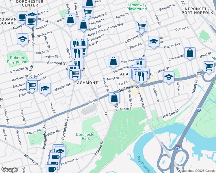 map of restaurants, bars, coffee shops, grocery stores, and more near 424 Gallivan Boulevard in Boston