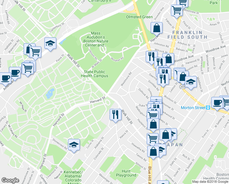 map of restaurants, bars, coffee shops, grocery stores, and more near 570 Walk Hill Street in Boston