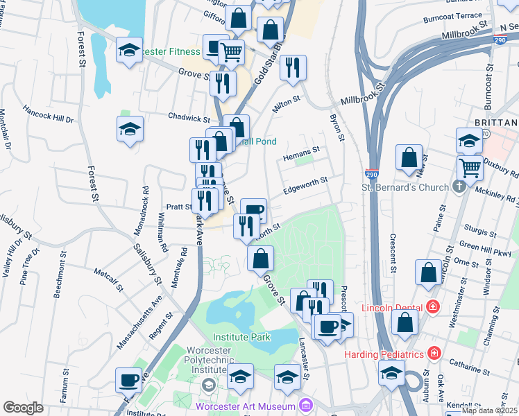 map of restaurants, bars, coffee shops, grocery stores, and more near 7 Brookfield St in Worcester
