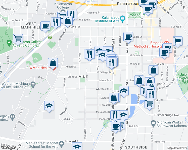 map of restaurants, bars, coffee shops, grocery stores, and more near 715 Village Street in Kalamazoo