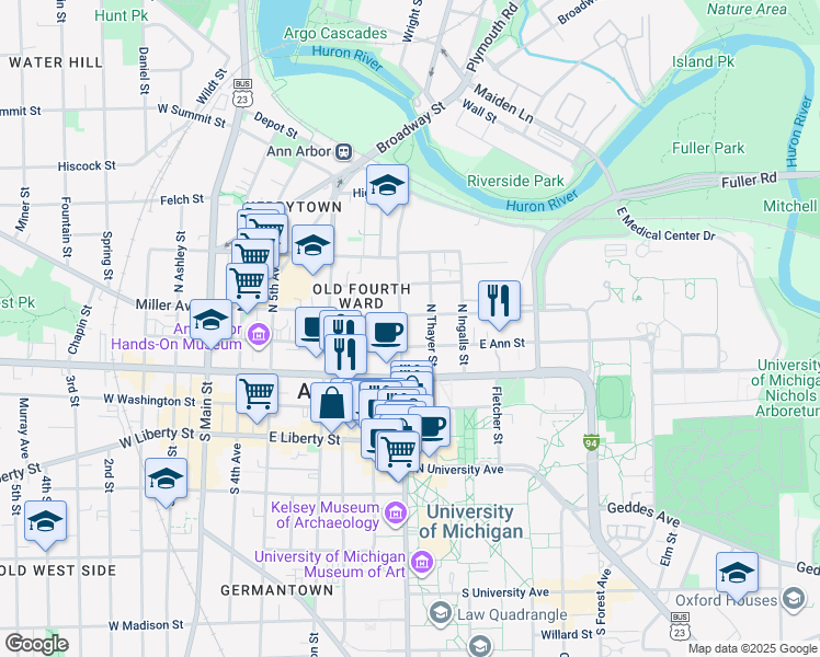 map of restaurants, bars, coffee shops, grocery stores, and more near 210 North State Street in Ann Arbor