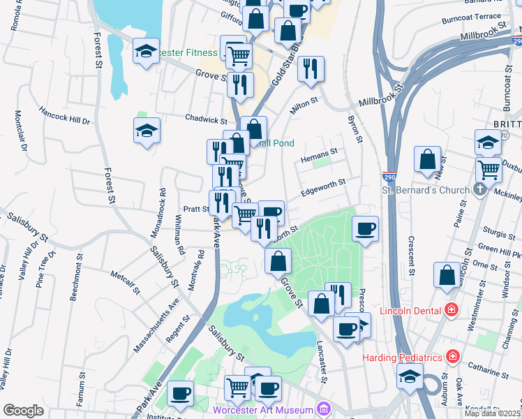 map of restaurants, bars, coffee shops, grocery stores, and more near 2-38 Sagamore Road in Worcester