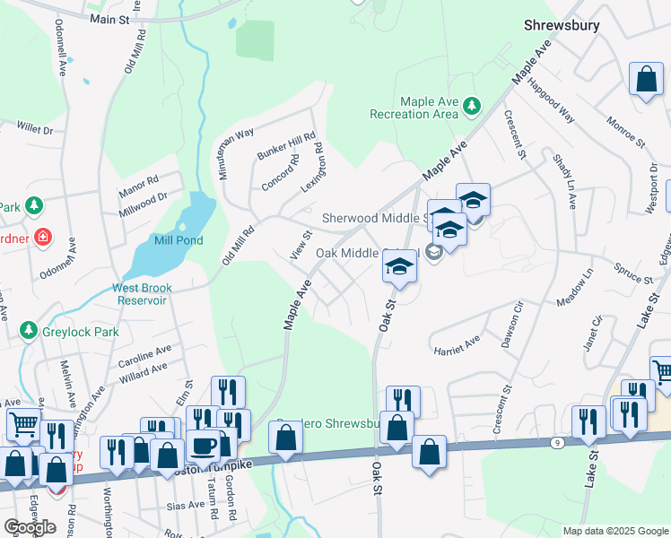 map of restaurants, bars, coffee shops, grocery stores, and more near 8 Rosedale Avenue in Shrewsbury