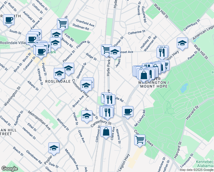 map of restaurants, bars, coffee shops, grocery stores, and more near 515 Hyde Park Avenue in Boston