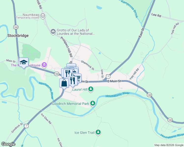 map of restaurants, bars, coffee shops, grocery stores, and more near 50 Main Street in Stockbridge