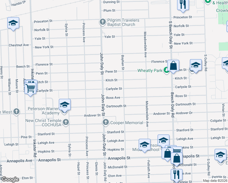 map of restaurants, bars, coffee shops, grocery stores, and more near 26401 Ross Street in Inkster
