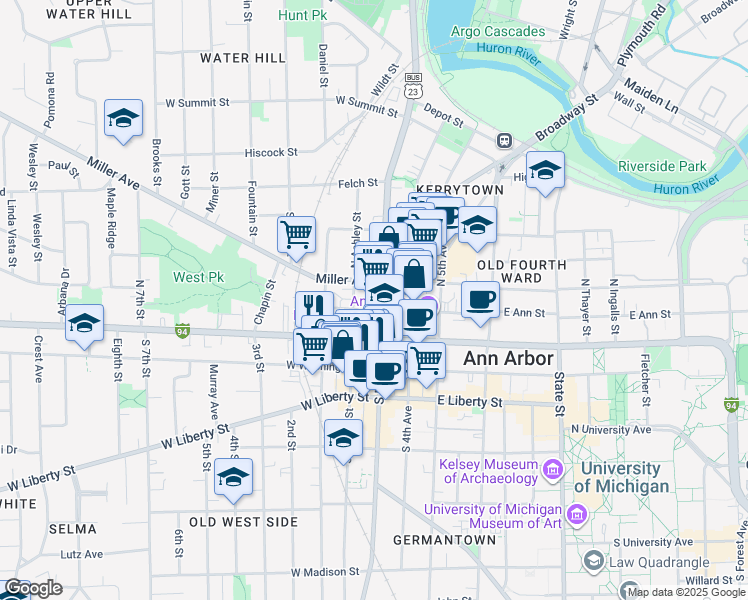 map of restaurants, bars, coffee shops, grocery stores, and more near 120 North Ashley Street in Ann Arbor