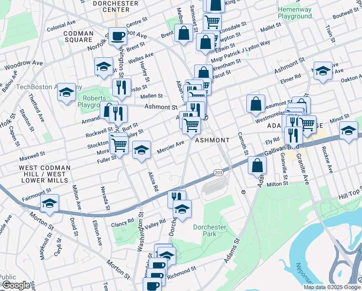map of restaurants, bars, coffee shops, grocery stores, and more near 16-18 Mercier Avenue in Boston