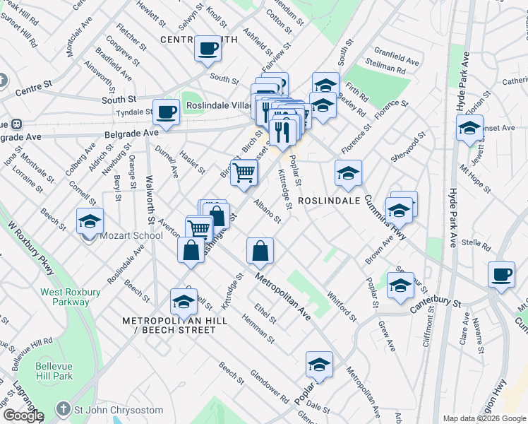 map of restaurants, bars, coffee shops, grocery stores, and more near 28 Albano Street in Boston