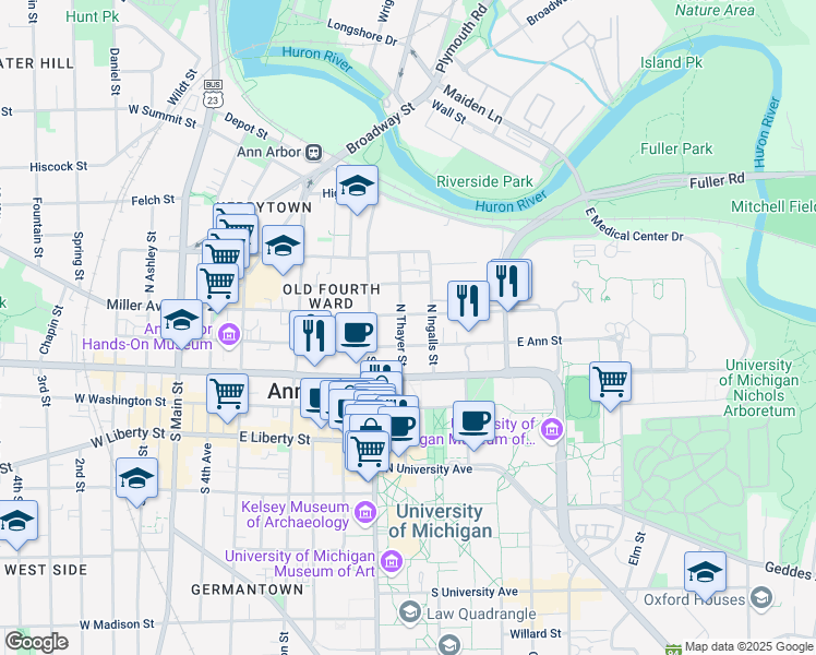 map of restaurants, bars, coffee shops, grocery stores, and more near 214 North Thayer Street in Ann Arbor