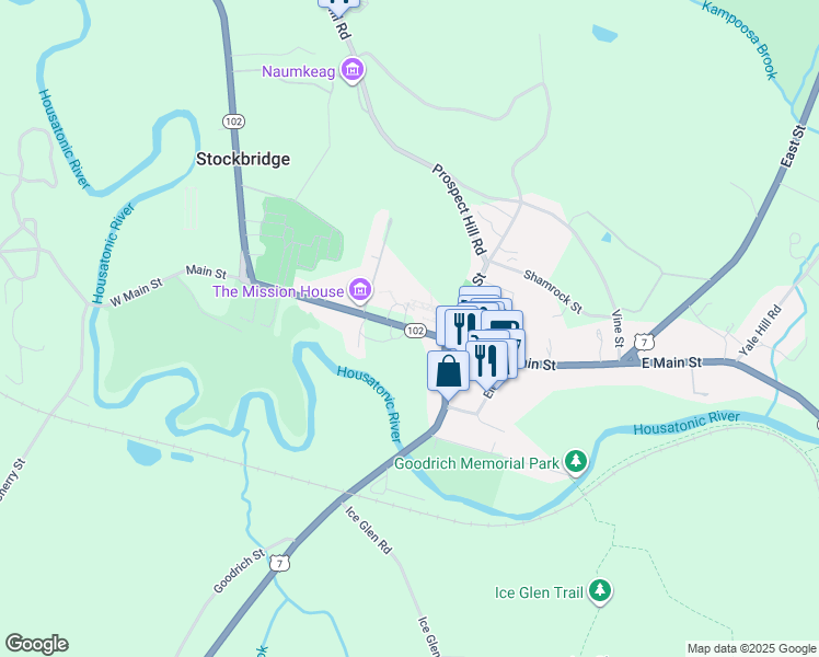 map of restaurants, bars, coffee shops, grocery stores, and more near Main Street in Stockbridge