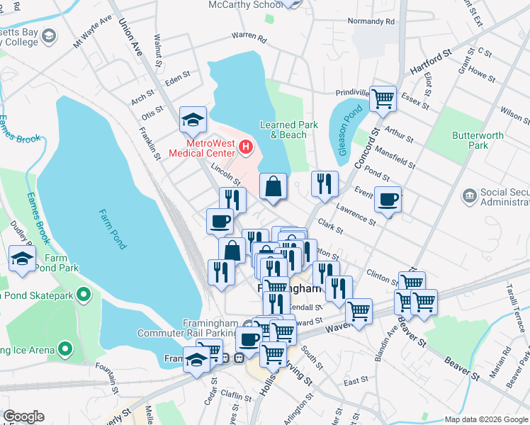 map of restaurants, bars, coffee shops, grocery stores, and more near 52 Lincoln Street in Framingham