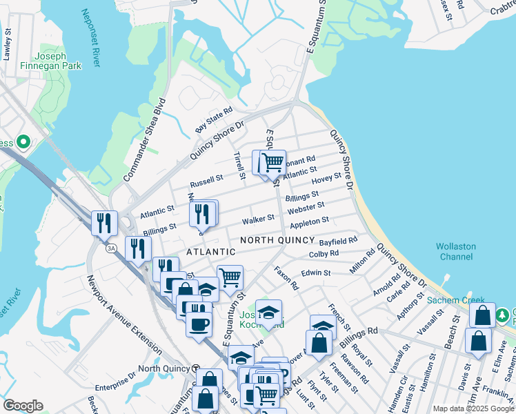 map of restaurants, bars, coffee shops, grocery stores, and more near 93 Walker Street in Quincy