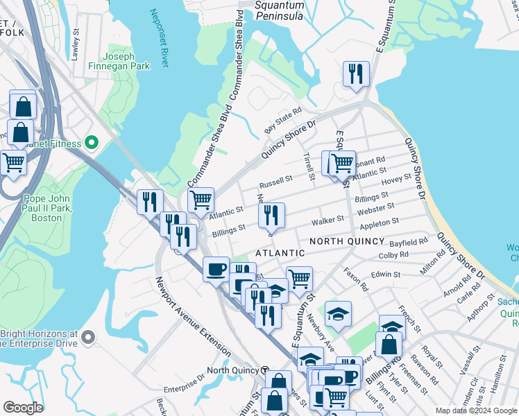 map of restaurants, bars, coffee shops, grocery stores, and more near 47 Newbury Avenue in Quincy