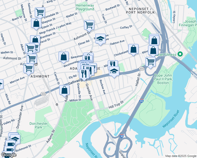 map of restaurants, bars, coffee shops, grocery stores, and more near 14 Myrtlebank Avenue in Boston