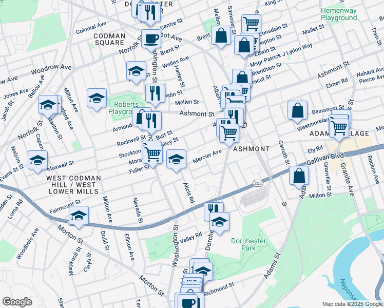 map of restaurants, bars, coffee shops, grocery stores, and more near 66 Mercier Avenue in Boston