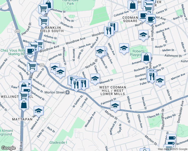 map of restaurants, bars, coffee shops, grocery stores, and more near 91-93 Maxwell Street in Boston