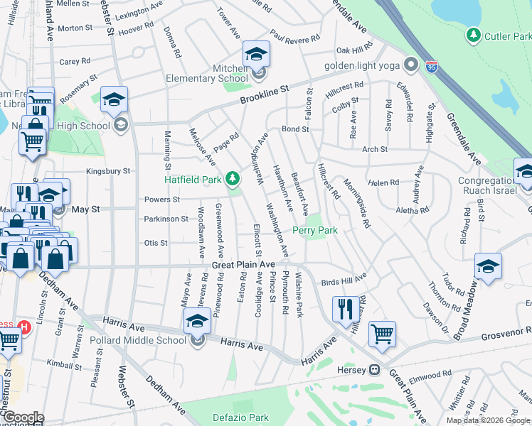 map of restaurants, bars, coffee shops, grocery stores, and more near 41 Sargent Street in Needham