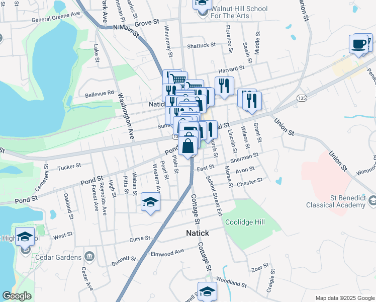 map of restaurants, bars, coffee shops, grocery stores, and more near 61 South Main Street in Natick
