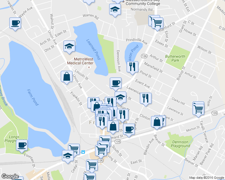 map of restaurants, bars, coffee shops, grocery stores, and more near 255 Concord Street in Framingham